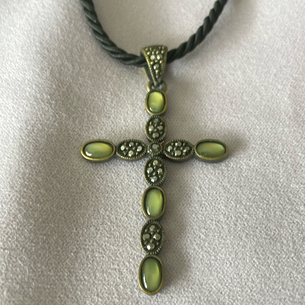 Vintage Cookie Lee Cats Eye & Hematite Cross Pendant, Black Cord Necklace